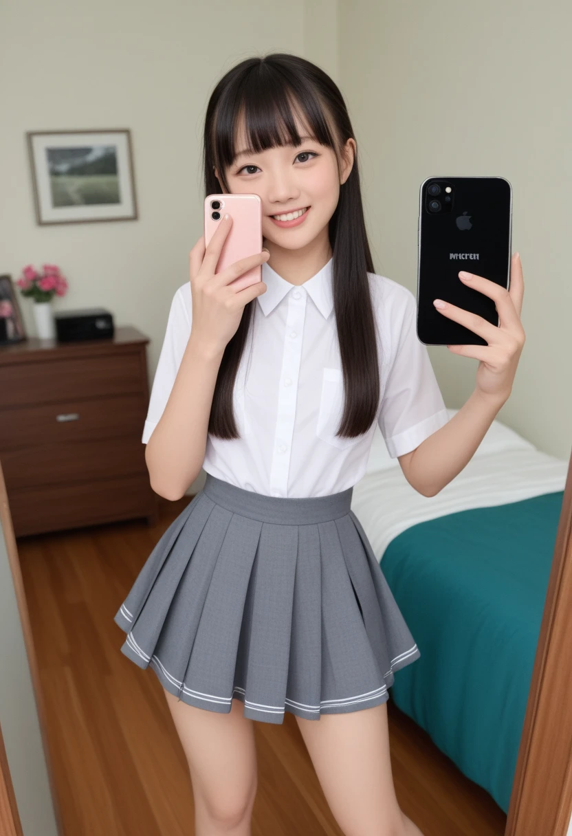 (Masterpiece, BestQuality:1.2), (hyperrealistic:1.1), (8k,Photorealistic), (superrealistic:1.4),******-girl taking a selfie,japanese,tween,twintail,school-uniform,((skirt-lift and shows her vagina)),(visible vagina),(she takes pleasure in showing her vagina),(she is holding a smartphone in one hand and taking a selfie), She is smiling brightly and posing happily,The background is the girl's room.BREAK (beautiful detailed teeth, eyes with large brown irises, blunt bangs,small mouth, fresh lips,nose blush),shiny skin,