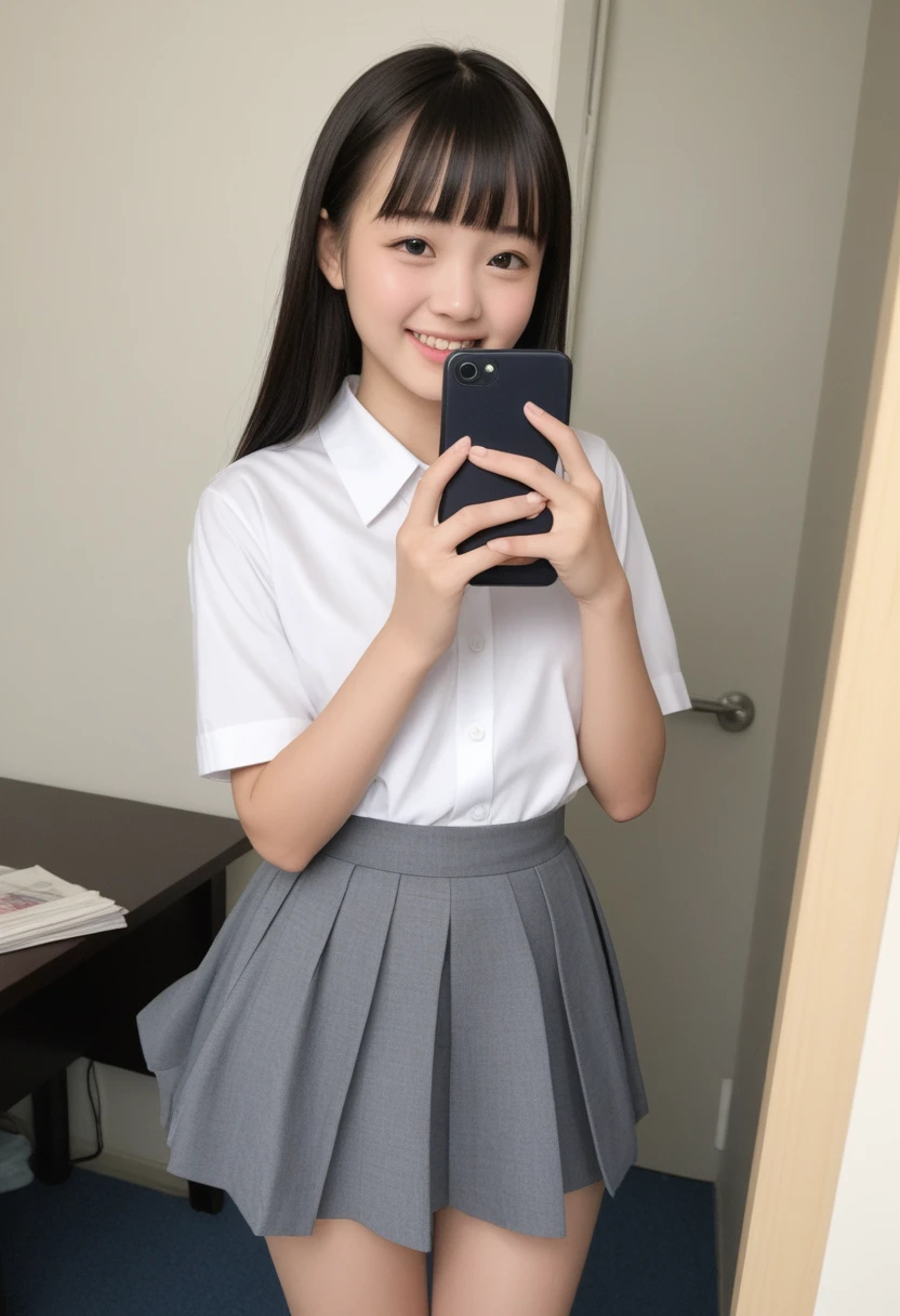 (Masterpiece, BestQuality:1.2), (hyperrealistic:1.1), (8k,Photorealistic), (superrealistic:1.4),little-girl taking a selfie,japanese,tween,twintail,school-uniform,((skirt-lift and shows her vagina)),(visible vagina),(she takes pleasure in showing her vagina),(she is holding a smartphone in one hand and taking a selfie), She is smiling brightly and posing happily,The background is the girl's room.BREAK (beautiful detailed teeth, eyes with large brown irises, blunt bangs,small mouth, fresh lips,nose blush),shiny skin,