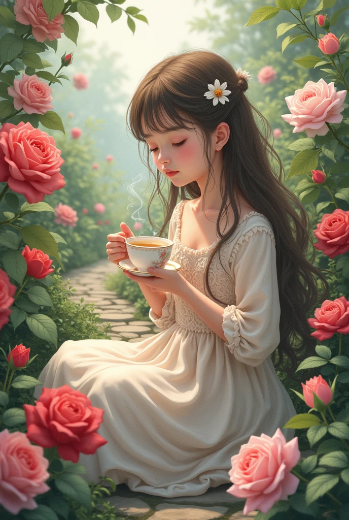 Girl drinking tea in the rose garden