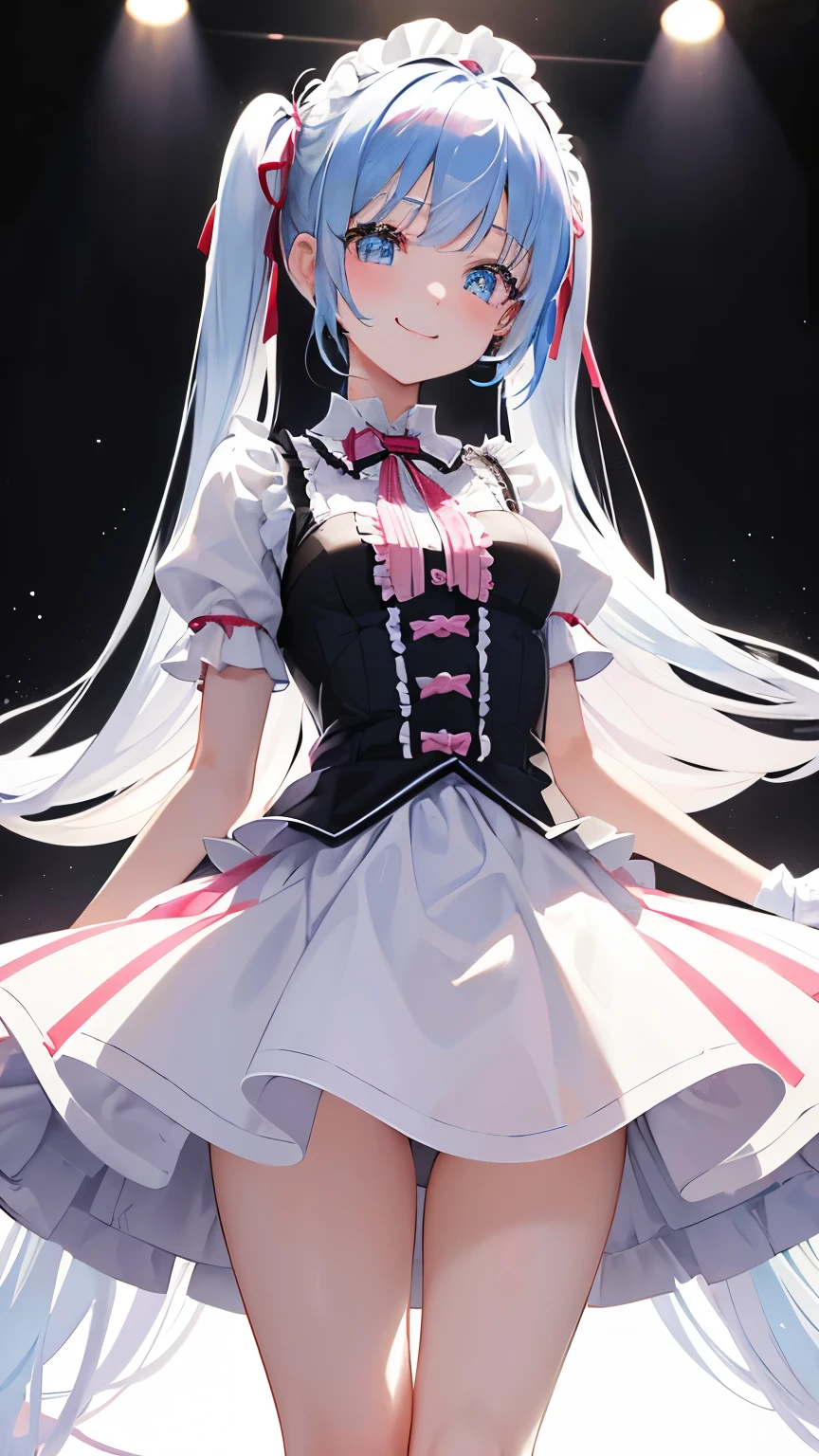 (((anime-style cute face)))、(((20-year-old woman))),(((Light blue twin tails have a lot of hair))),Highest quality, ((Sharp details)), (8k, RAW Photos, Highest quality, masterpiece), (looking at the camera),((((Cute Smile))))、Very big eyes、anatomically correct body、Big thighs、The face is bright、Professional Lighting、Cute little breasts、Put a tiny white top hat on your head、The frilly collar is pink and white、Red ribbon around the neck、The white inner shirt has cute frills、The black and blue leather jacket is fitted and open at the chest.、The flowy pleated mini skirt is lime green and black with separate, vibrant ruffles.、Shiny vertical striped knee-high socks in black and pink、Shiny white leather gloves、Shiny leather wristband in black、On the stage of the concert venue、Spotlights from all sides、Healthy female body、Erotic dance、((Fit the whole body and hair on the screen))