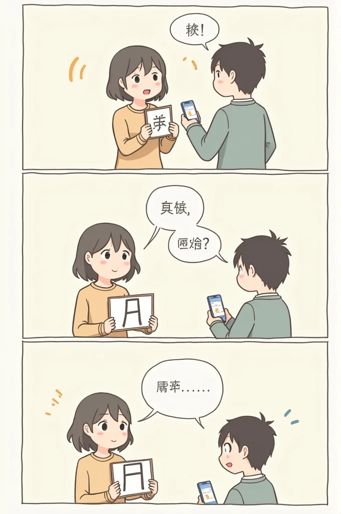 MAKE AN IMAGE (comic)

Panel 1: Two people are standing across from each other, one person is holding a sign with Chinese characters, and the other person looks confused.

Person 1: Hello (Nǐ hǎo)

Person 2: Sorry, I don't understand.

Panel 2: Person 1 points to the sign they are holding.

Person 1: This is my name(Zhè shì wǒ de míngzì)

Person 2: Oh, I see. I don't read ChineseImage: Person 1 puts down the sign and takes out their phone. They open a translation app and show it to Person 2.

• text: "Use a Translation Tool: Technology can bridge language gaps."