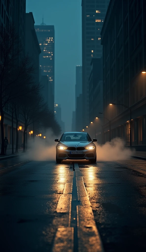Car driving on empty street in the middle of the night