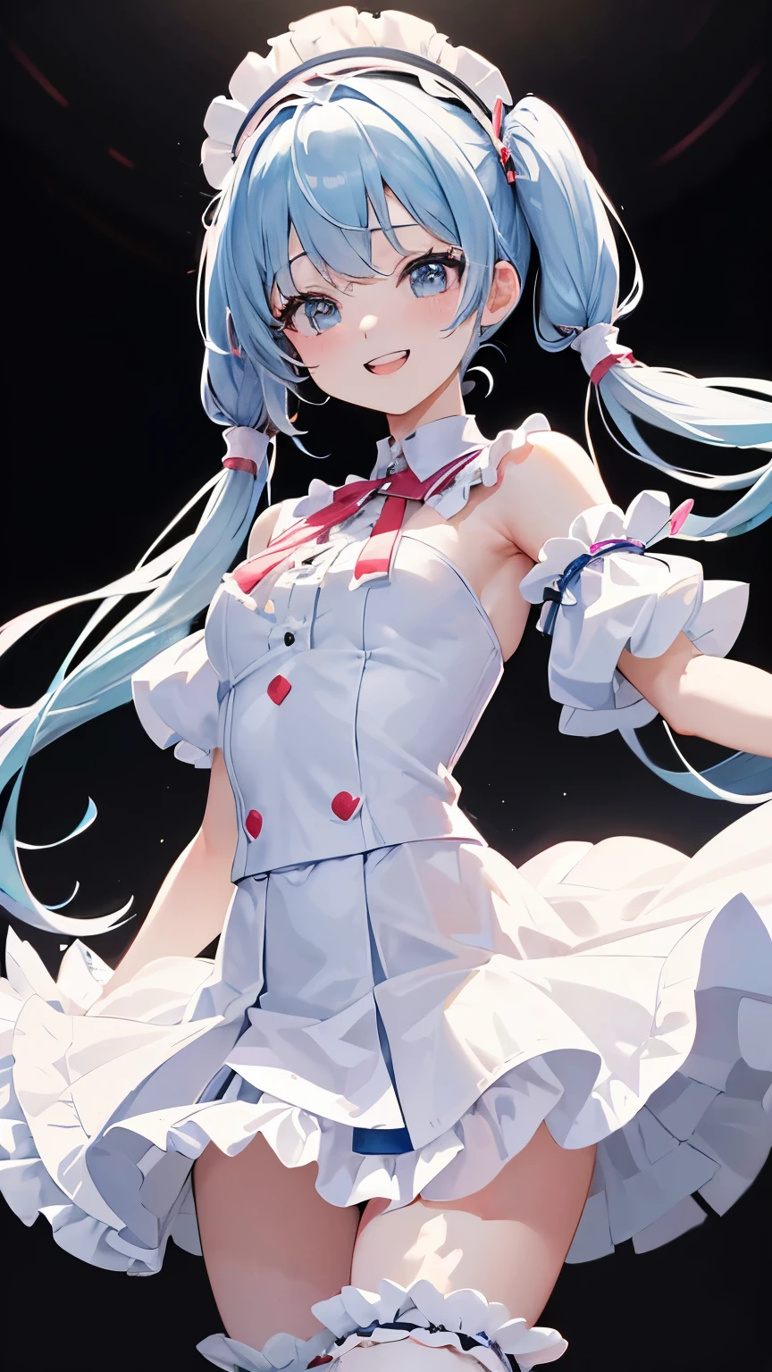 (((anime-style cute face)))、(((20-year-old woman))),(((Light blue twin tails have a lot of hair))),Highest quality, ((Sharp details)), (8k, RAW Photos, Highest quality, masterpiece), (looking at the camera),((((Cute Smile))))、Very big eyes、anatomically correct body、Big thighs、The face is bright、Professional Lighting、Cute little breasts、Put a tiny white top hat on your head、The frilly collar is pink and white、Red ribbon around the neck、The white inner shirt has cute frills、The black and blue leather jacket is fitted and open at the chest.、The flowy pleated mini skirt is lime green and black with separate, vibrant ruffles.、Shiny vertical striped knee-high socks in black and pink、Shiny white leather gloves、Shiny leather wristband in black、On the stage of the concert venue、Spotlights from all sides、Healthy female body、?????? dance、((Fit the whole body and hair on the screen))