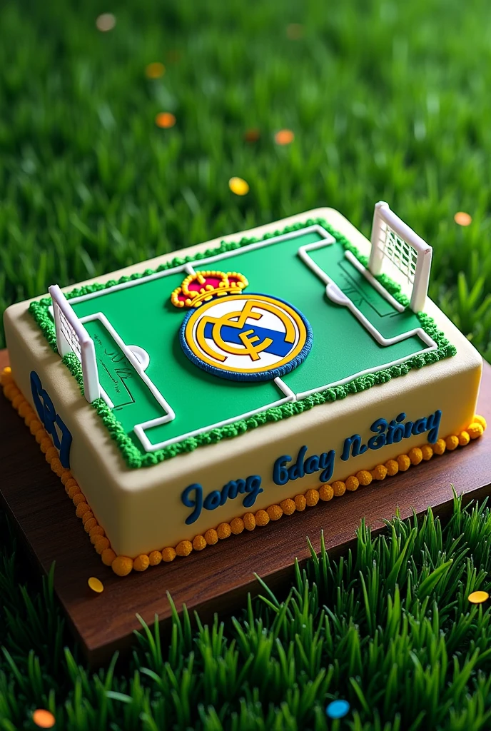 Rectangular cake with a football field theme and in the middle the logo of Real Madrid and has happy birthday written on it and on the side it says CR7
