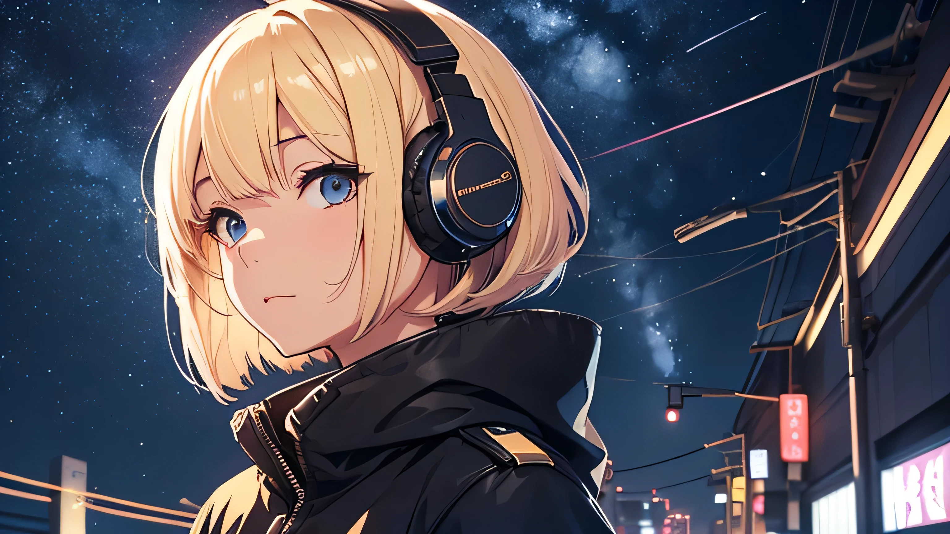 Beautiful girl with blonde bob hair wearing headphones In the night sky Boeing in the sky pylon Japanese anime style
