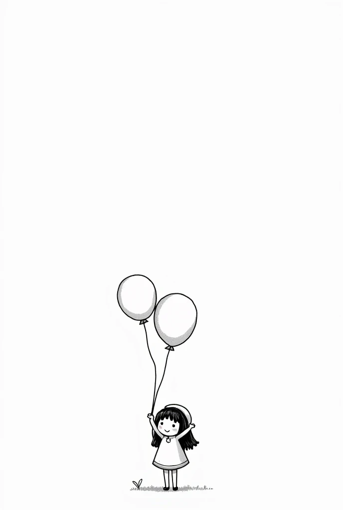 （Most of the background is solid white color.），Simple little cute cartoon girl, doodle, minimalist, black and white, , holding a balloon