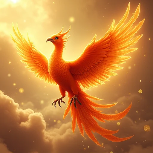 A beautiful phoenix with golden and red feathers、Please draw a figure emitting light while flying through the sky.。The phoenix's feathers are gorgeous、Exquisitely drawn in detail、The feathers appear to be shiny。The eyes of the phoenix are a deep color that gives off a sense of wisdom and mystery.、His sharp gaze gives off a sense of strength.。The background has golden clouds and light effects.、It looks like little stars and gold dust are dancing around the phoenix.、Create a mysterious and glamorous atmosphere。The Phoenix's claws have a jewel-like shine.、The overall image emphasizes luxury and good fortune.。
