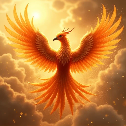 A beautiful phoenix with golden and red feathers、Please draw a figure emitting light while flying through the sky.。The phoenix's feathers are gorgeous、Exquisitely drawn in detail、The feathers appear to be shiny。The eyes of the phoenix are a deep color that gives off a sense of wisdom and mystery.、His sharp gaze gives off a sense of strength.。The background has golden clouds and light effects.、It looks like little stars and gold dust are dancing around the phoenix.、Create a mysterious and glamorous atmosphere。The Phoenix's claws have a jewel-like shine.、The overall image emphasizes luxury and good fortune.。