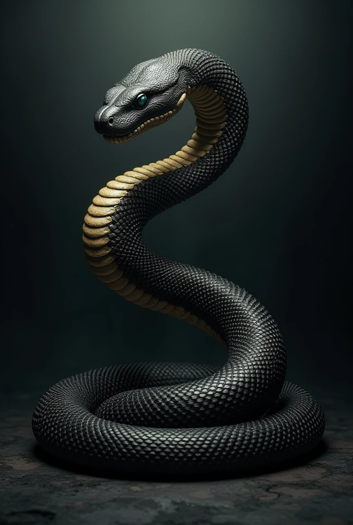Black and gold snake stretched out. black backdrop