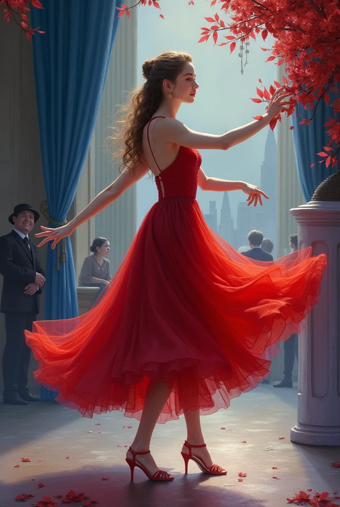 The book cover should capture the emotional intensity and complexity of Clara's journey, reflecting both the challenges and the beauty of its history. Here is a detailed description:
**Elementos visuais:**
- **main character:** In the center of the cover, we see a young trans woman with a delicate and determined appearance, representing Clara. She is dressed in an elegant dance dress, fluttering, that suggests movement. The dress can be red in color, symbolizing passion, courage, and the intensity of your emotions. She is in a graceful dancing pose, but with an expression that mixes vulnerability and strength, reflecting their internal and external struggle.
- **Second character:** Next to Clara, there may be a male figure (Michael), a little more blurred, as if coming into focus in her life. He may be reaching out to her or in a position that suggests support and partnership., indicating the romance that blossoms between them.
- **Background Scenario:** The cover background can be divided into two parts. On the left side, you can show a more traditional and rigid environment, like a classic ballroom, with heavy curtains and neutral tones, symbolizing the conservative society that Clara faces. in the right side, a more modern scenario, vibrant and colorful, perhaps an outdoor dance floor or a party environment, representando a liberdade e a aceitação que Clara encontra na dança e em seu relacionamento com Michael.
- **rot:** Mastering the palette, Red represents passion, amor e courage. Can be used on Clara's dress and in details along the cape.
- **neutral tones/gris:** Used on the more conservative side of the scenario, to symbolize the challenges and prejudice that Clara faces.
- **blue and purple:** They can be used to create a soft contrast with red., adding a sense of mystery and emotional depth to the cover. These colors can also be used to suggest the part of the story that involves internal challenges and