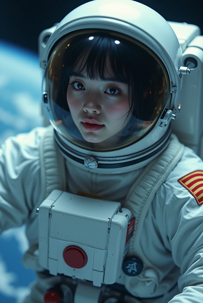 (wide lens effect), (outer space), astronaut, extravehicular activity, EVA, weightlessness, zero gravity, spacewalk,
(Cute Japanese girl , 20-year-old), large breasts, bubble helmet
(dramatic lighting), cinematic lighting,