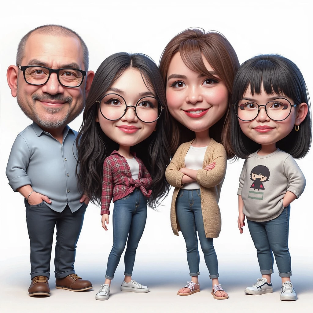 3D realistic caricature drawing. The family consists of: A 50-year-old father with buzz hair. A 4 chubby mother with brown hair. Two teenage girls, with long black hair and glasses.