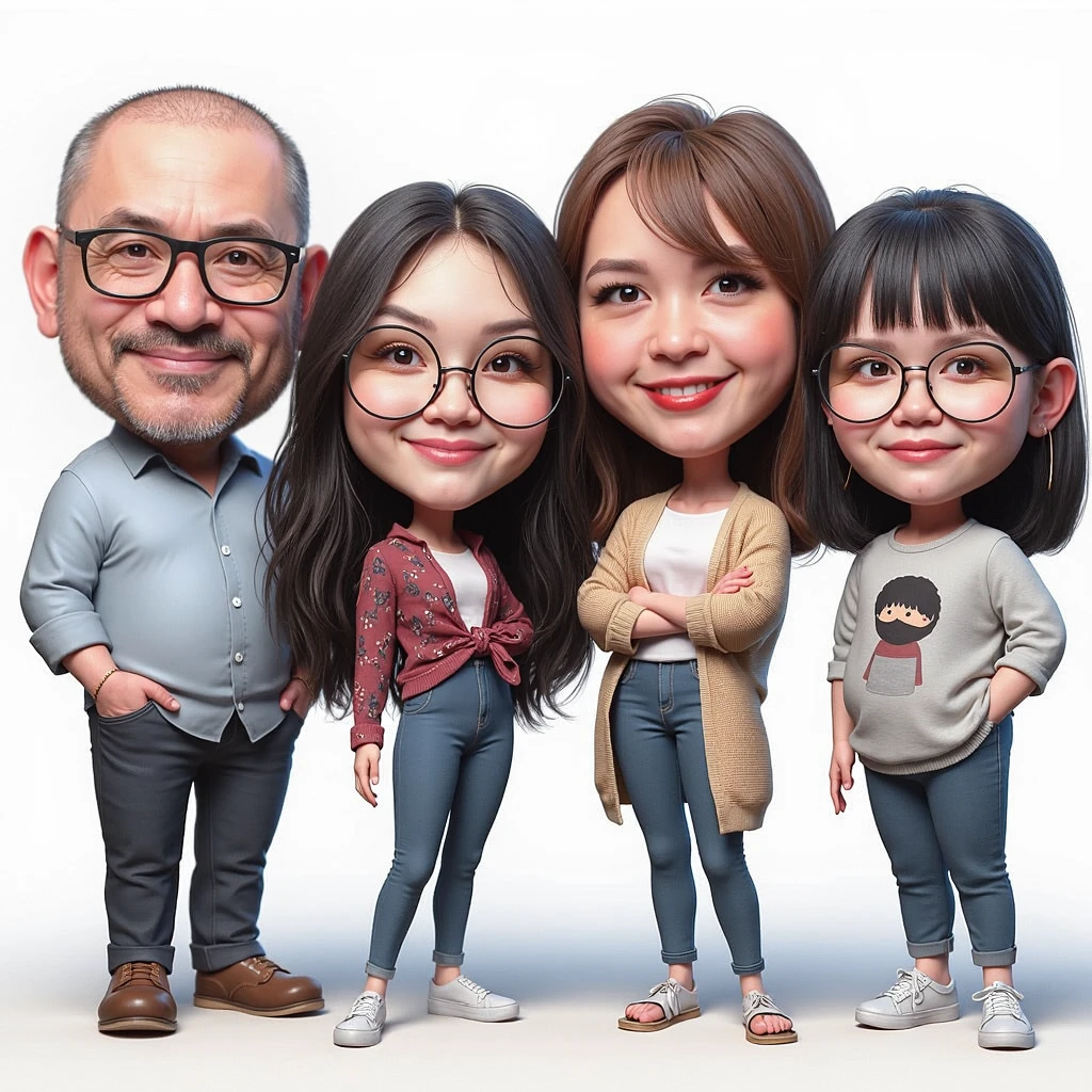 3D realistic caricature drawing. The family consists of:  A 50-year-old father with buzz hair.  A 4 chubby mother with brown hair.  Two teenage girls, with long black hair and glasses.