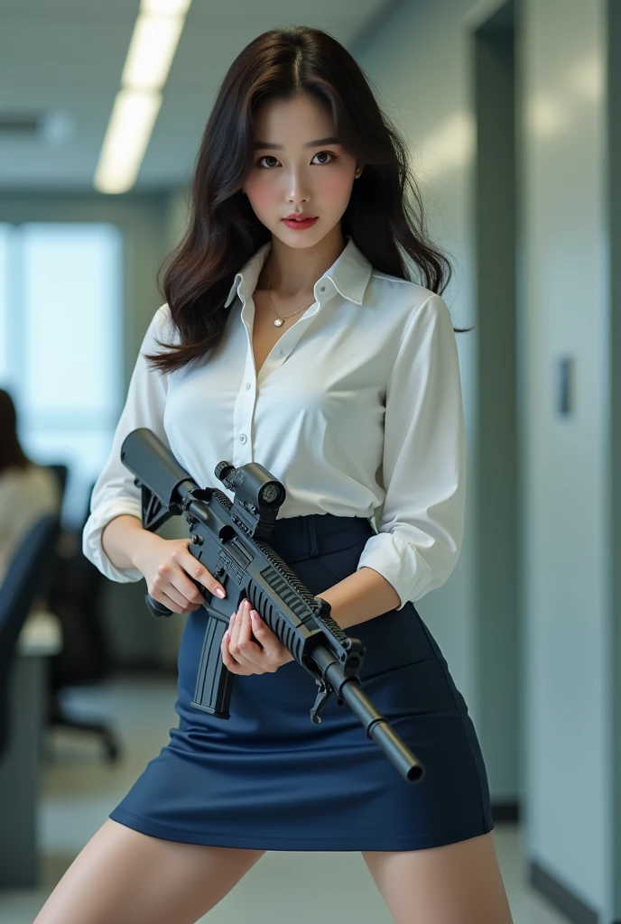 ((masterpiece)), ((highest quality)), (super detailed), (RAW shooting), (photo-realistic), ((cute)), cute, ((very detailed)), (fine eyes), (detailed facial features), (fine fingers), (Detailed clothing characteristics), 4K, (8K), highest quality, (beautiful), (cowboy shot:1.3), (selfie:1.1), (Remains:1.3), sunrise, Beautiful woman, alone, (black rubber combat uniform:1.3), (black rubber tight skirt:1.3), beautiful Light Brown hair, beautiful Blue Eyes, ((beautiful Eyes)), long hair, white teeth, (Assault rifle ready and ready:1.3), (great joy:1.2), shine with colored light, shiny