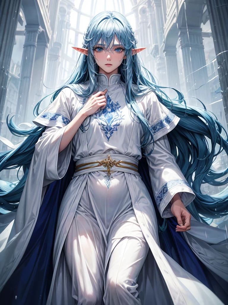 1 man, elf, blue hair, long hair, blue eyes, white clothes, long white cloak, plump lips, straight nose, cloudy sky, rain, wet hair, wet clothes, detailed background, deep blue lake