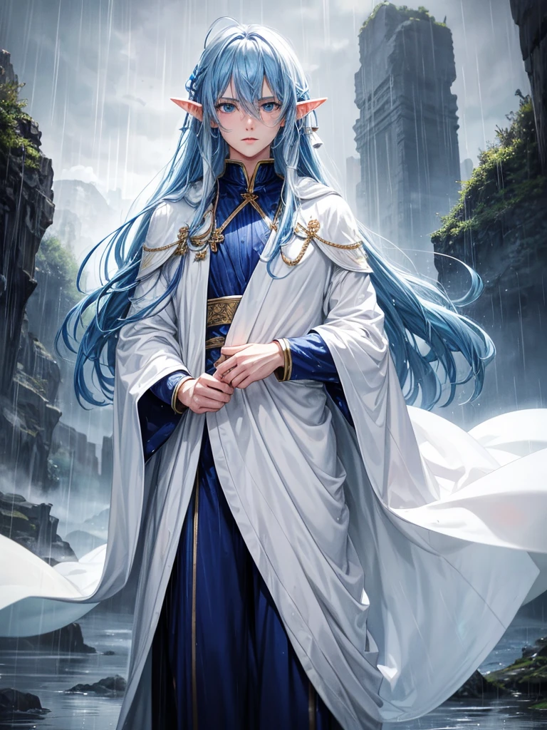 1 man, elf, blue hair, long hair, blue eyes, white clothes, long white cloak, plump lips, straight nose, cloudy sky, rain, wet hair, wet clothes, detailed background, deep blue lake