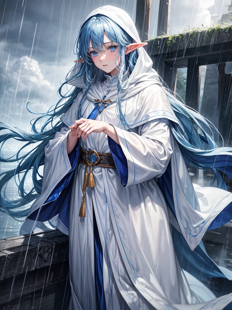 1 man, elf, blue hair, long hair, blue eyes, white clothes, long white cloak, plump lips, straight nose, cloudy sky, rain, wet hair, wet clothes, detailed background, deep blue lake