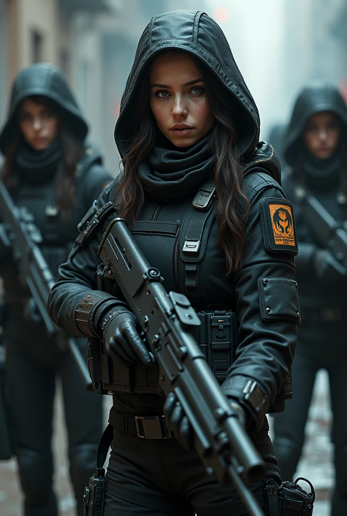 a group of female insurgents in a futuristic dystopian world, highly detailed military gear and futuristic design weapons, intense facial expressions, dynamic poses, dramatic lighting, cinematic composition, gritty realistic style, dark color palette, masterpiece, high resolution, 8K