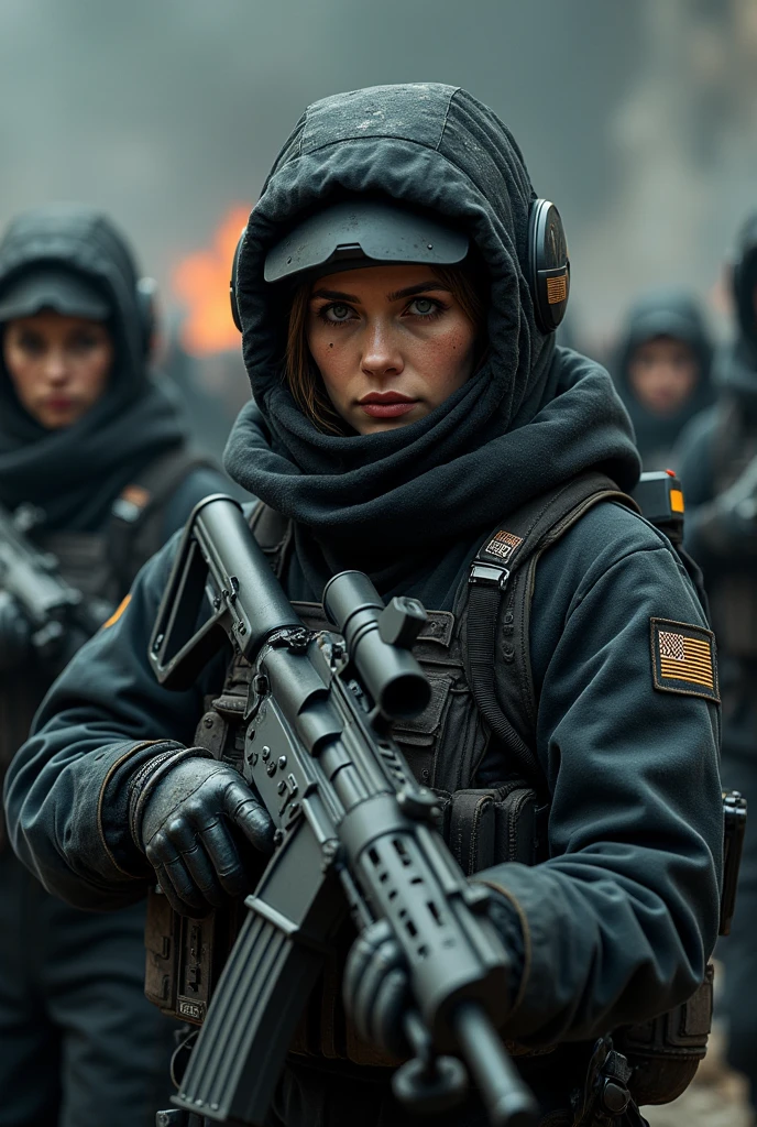 a group of female insurgents in a futuristic dystopian world, highly detailed military gear and futuristic design weapons, intense facial expressions, dynamic poses, dramatic lighting, cinematic composition, gritty realistic style, dark color palette, masterpiece, high resolution, 8K