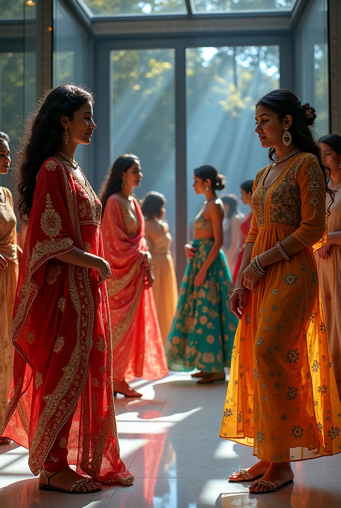A glass showroom named RATES in which womens ethnic wear is displayed 