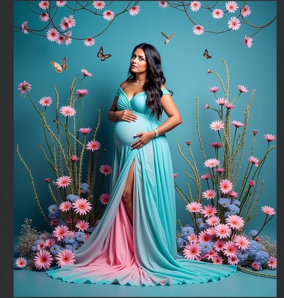 pregnant woman in a blue dress surrounded by flowers and butterflies, a colorized photo by Bernardino Mei, trending on cg society, art photography, cyan photographic backdrop, maternal photography 4 k, full body photoshoot, pink and blue colour, full body pose, * colour splash *, blue and pink colour splash, modeling photography, belly free teal dress, colored photography, full body wide shot