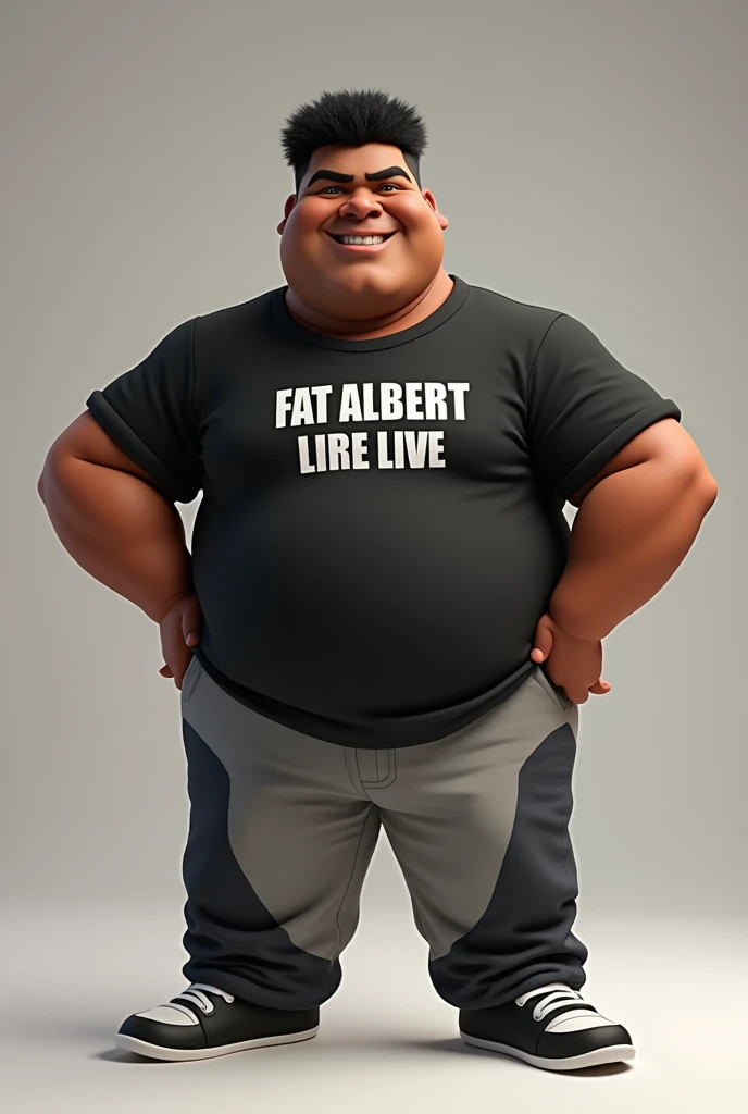 Fat Albert in his 20's wearing Gray and black blended baggy pants and black shirt saying heavyweight boys got a license to grill on it