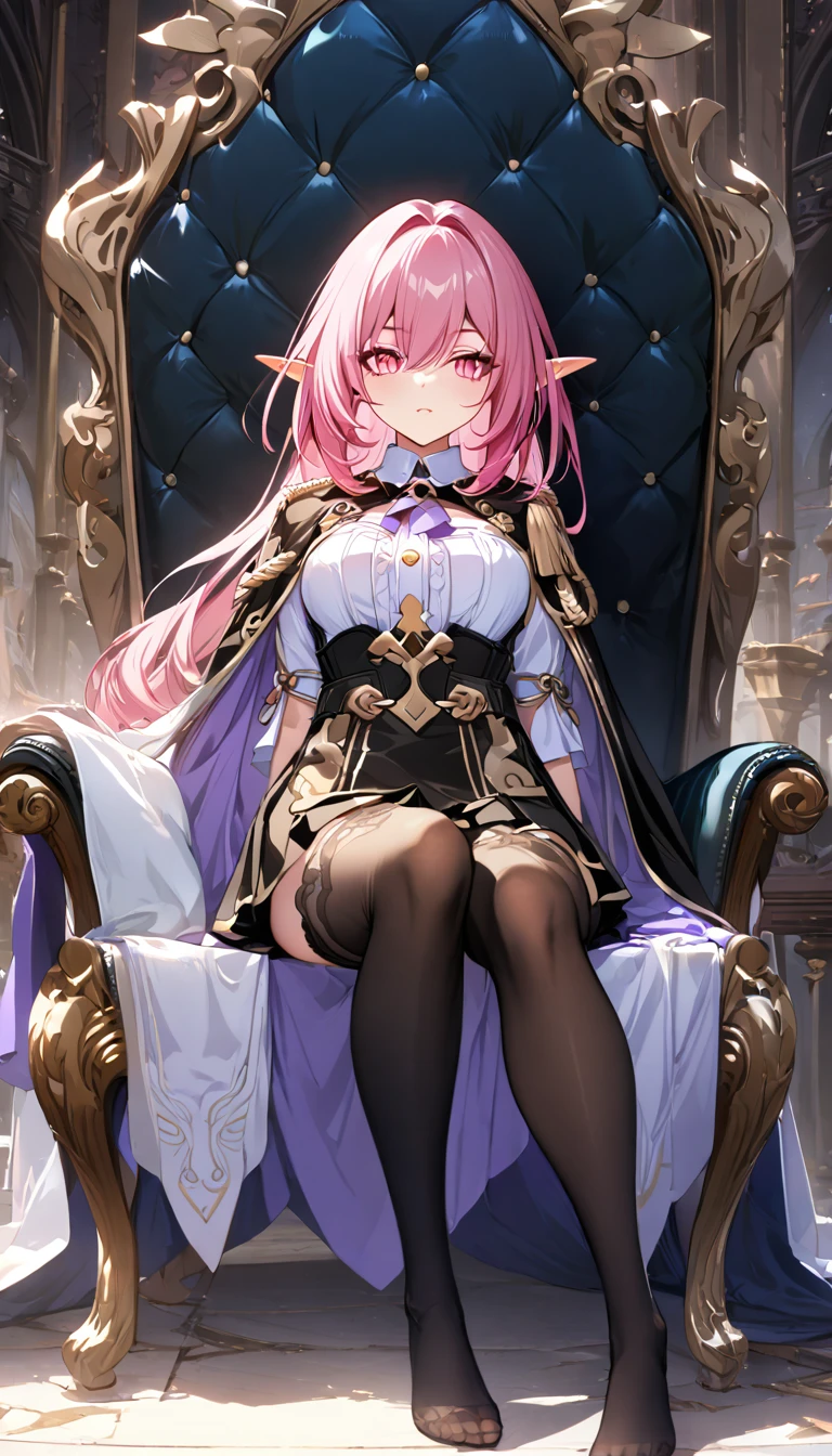 (masterpiece), best quality, ((ultra-detailed)), ((an extremely detailed and delicate)), (8k cg wallpaper), (stunning art), ((illustration)), elysia \(herrscher of human:ego\) \(Honkai impact\), pointed ears, elf, pink hair, pink eyes, slit pupils, long hair, looking at view, 1girl, (military-style cape:1.6), (pleated skirt:1.4), (crisp white blouse:1.5), (gold trim:1.4), (high black stockings:1.6), (mystical academy outfit:1.6), cross one legs, cross your legs, sit on a chair biologically correct body,