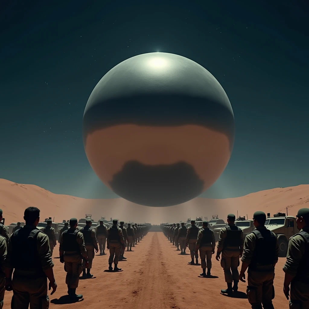 A massive smooth surfaced mirrored sphere hovers silently above the desert floor at night, many military vehicles and soldiers face away from the viewer, photo realistic