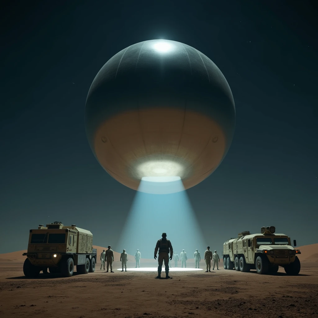 A massive smooth surfaced mirrored sphere hovers silently above the desert floor at night, many military vehicles and soldiers face away from the viewer, photo realistic