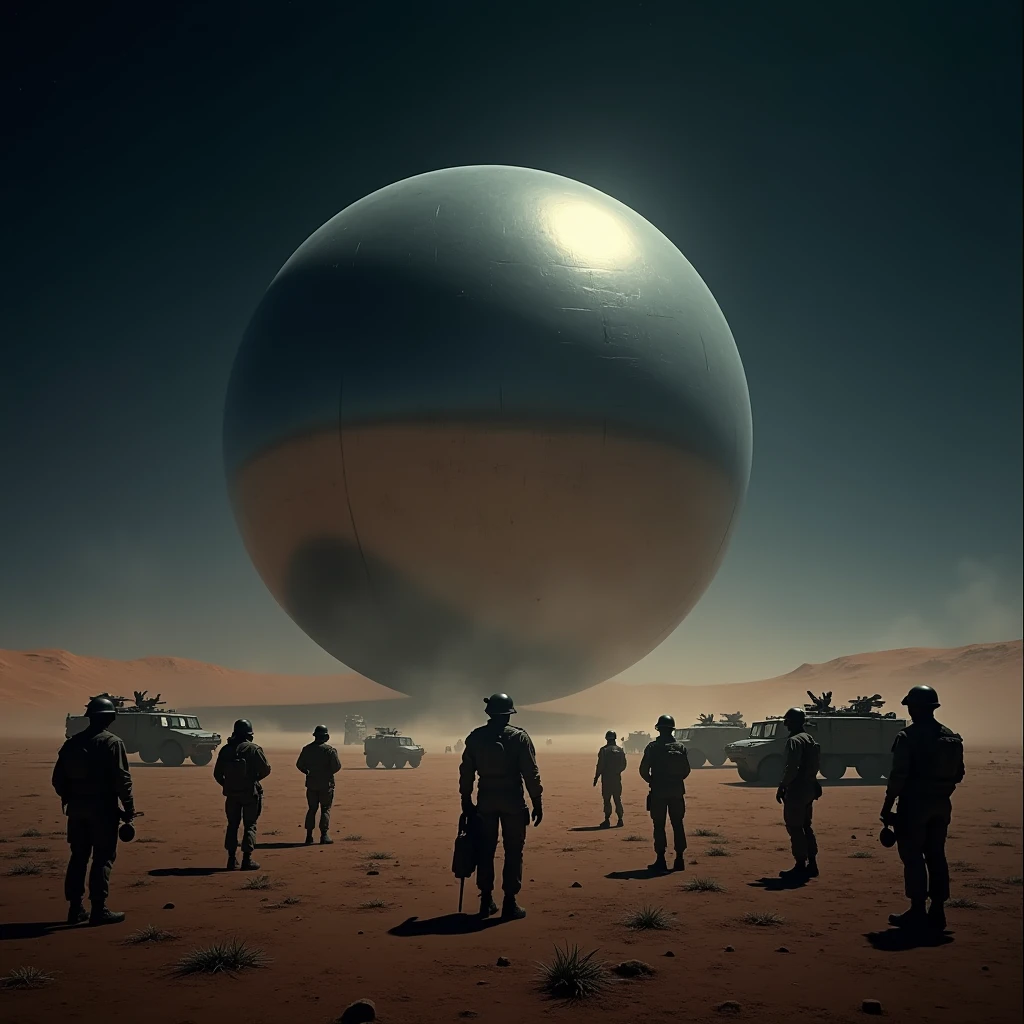 A massive smooth surfaced mirrored sphere hovers silently above the desert floor at night, many military vehicles and soldiers face away from the viewer, photo realistic