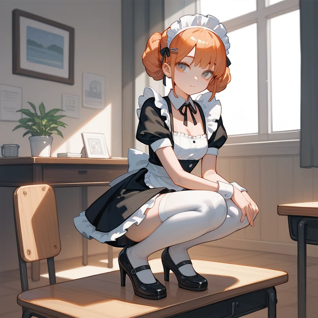anime girl in a maid outfit sitting on a desk with her legs crossed, an anime drawing by Shitao, pixiv, rococo, anime girl in a maid costume, gorgeous maid, , beautiful anime girl squatting, the anime girl is crouching,  in dress, seductive anime girl, splash art anime , maid outfit