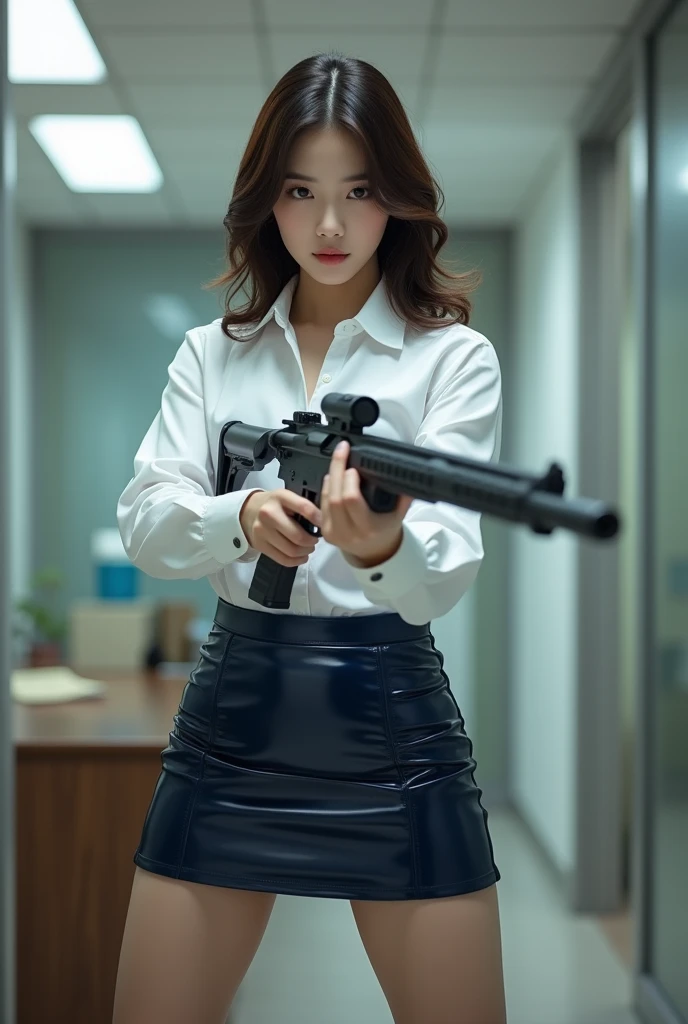 beautiful sweet big eyes office lady korean white shirt navy blue latex low mini skirt standing legs spread apart hip shoulder firing rifle gun toting force grip aiming side target full portrait
