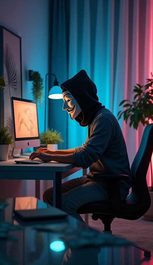 man wearing an anonymous mask working sitting in a modern and comfortable setup under the night light and the setup's LEDs with dollar bills on the table