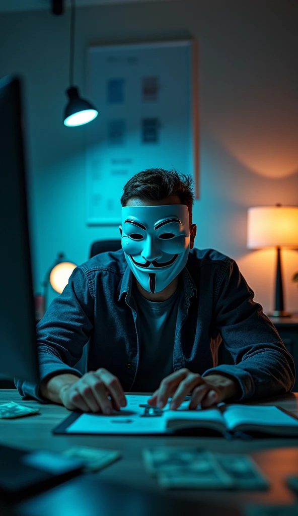 man wearing an anonymous mask working sitting in a modern and comfortable setup under the night light and the setup's LEDs with dollar bills on the table