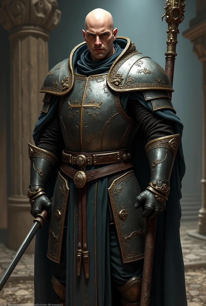 RPG monk wearing medieval armor, he is bald and uses a monk's staff