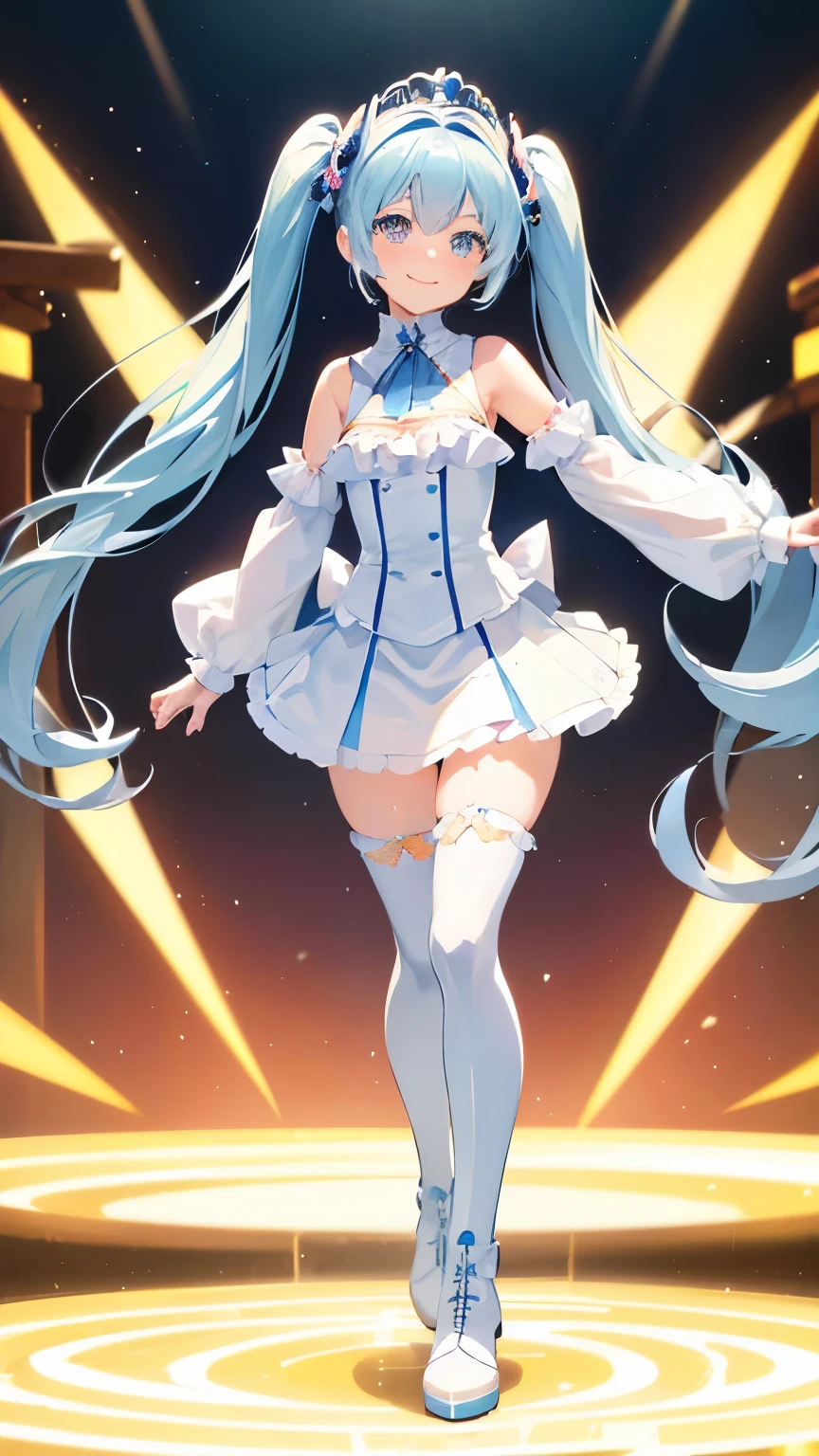 (((anime-style cute face)))、(((20-year-old woman))),(((Light blue twin tails have a lot of hair))),Highest quality, ((Sharp details)), (8k, RAW Photos, Highest quality, masterpiece), (looking at the camera),((((Cute Smile))))、Very big eyes、Sparkling eyes、(anatomically correct body)、Big thighs、The face is bright、Professional Lighting、Cute little breasts、Shiny white collar、((Shiny white bikini))、(Shiny white long arm covers)、(Transparent frill mini skirt:1.8)、(Shiny black long patent leather boots)、Stadium、Lots of spotlights、Full body view、The frilly hair accessory is cute、Race Queen Pose、Alluring、