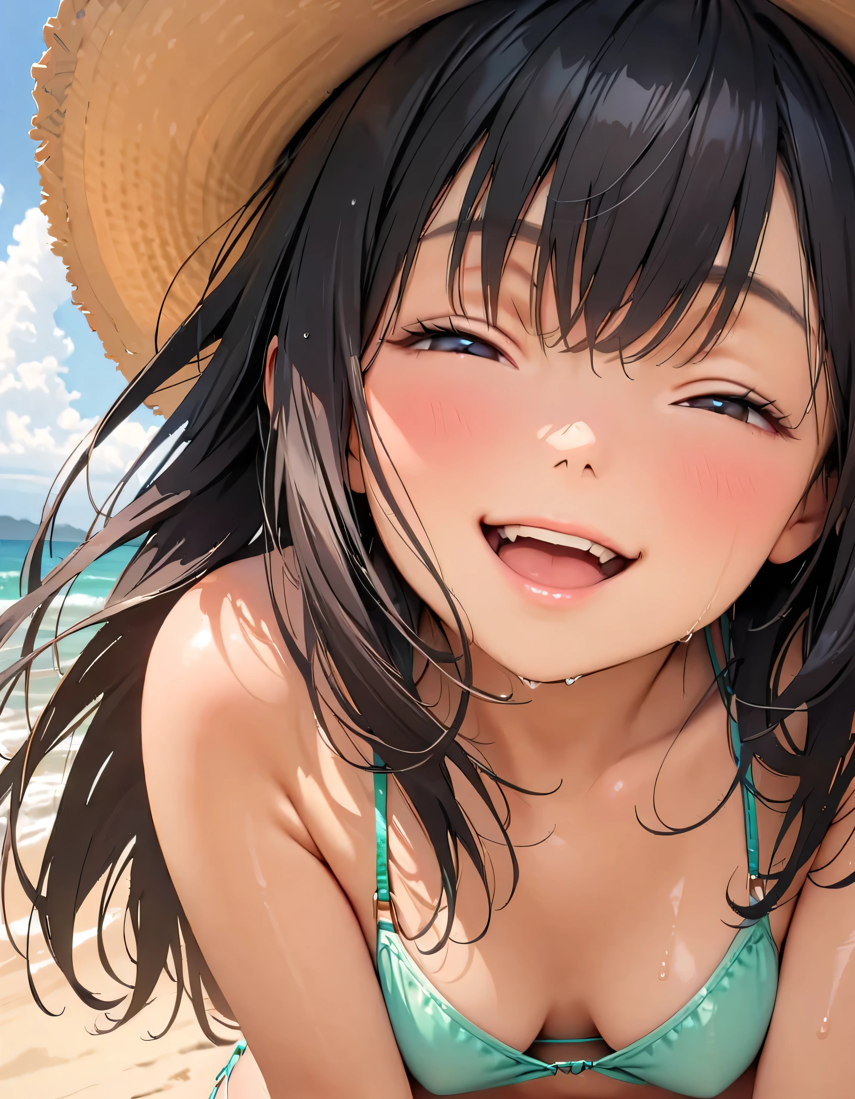 (Highest quality:1.2, Very detailed, up to date, Vibrant, masterpiece:1.2, Highest quality, Best aesthetics), smile, ((Face Up Shot:1.4)), 1980s style, 8k Ultra HD, Background Blur, smile, One Woman, Woman in bikini, Strong sunlight, Seaside, sunny, Summer sunshine, Wet Skin, Sandy Beach, Dynamic Angle, dynamic, Get excited, low length, very young, flat chested, Black Hair