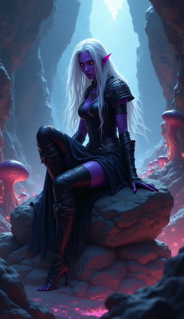 Drow female from baldur's gate, best quality, ultra-detailed CG unity 8k wallpaper,       sitting on a boulder, high resolution, dynamic pose, beautiful face, (dark platemail armor, red eyes), depth of field, underdark setting, magic light), (high fantasy) (white Hair, long flowing hair), dark purple skin