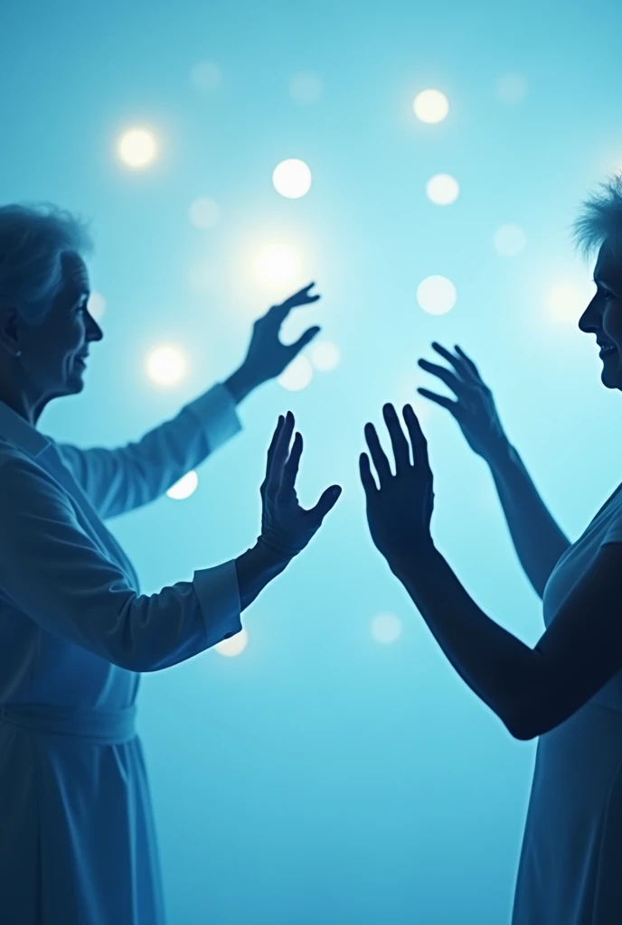 ((Best quality)), ((masterpiece)), (detailed), on a light blue background choreography silhouette dance hands older generation, hands in a semicircle against the background of bokeh lights, 4k