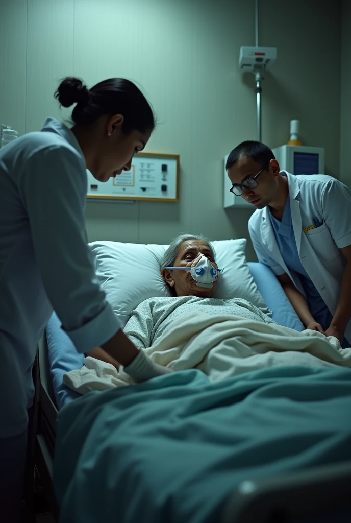 A bangladeshi woman her age is 55, she lies in magura shadar hospital beds on oxygen, cover by blankets, beside a nurse and a male doctor, she is a heart attack peshaint.