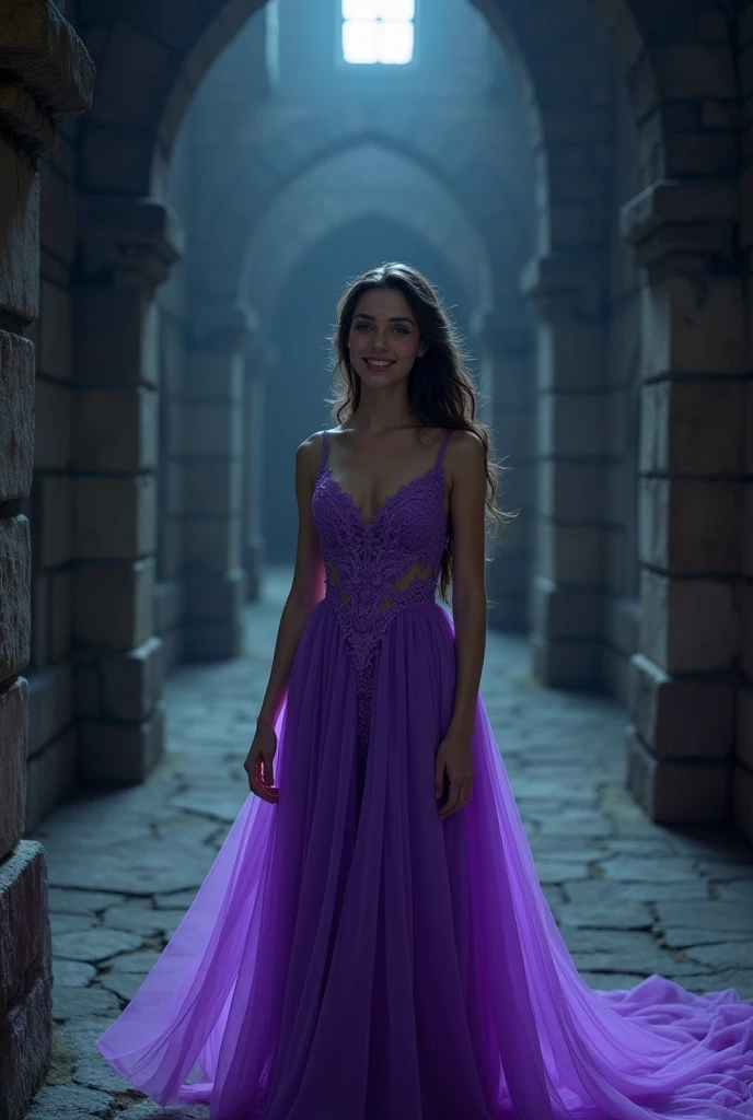 A far away image of an extremely beautiful woman, dark brown hair, eyes the color of honey, smiling , with freckles, small nose, full lips, very feminine features, dressed in a very beautiful wide bright purple dress, in the middle of a completely black castle hallway, phosphorescent light 