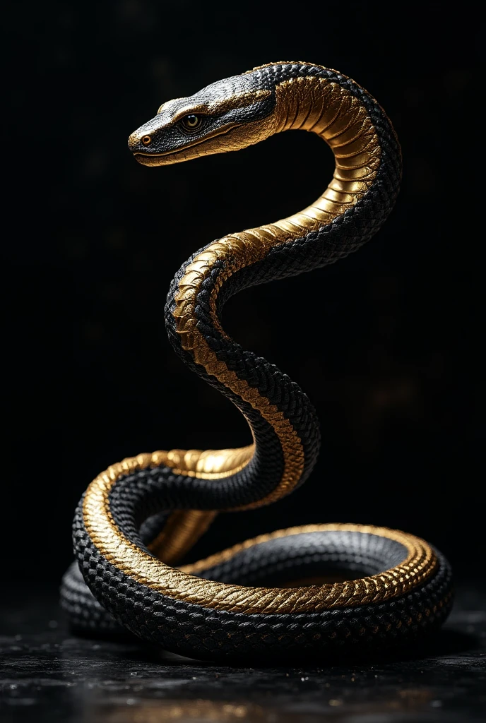 Black and gold snake crawling. black backdrop