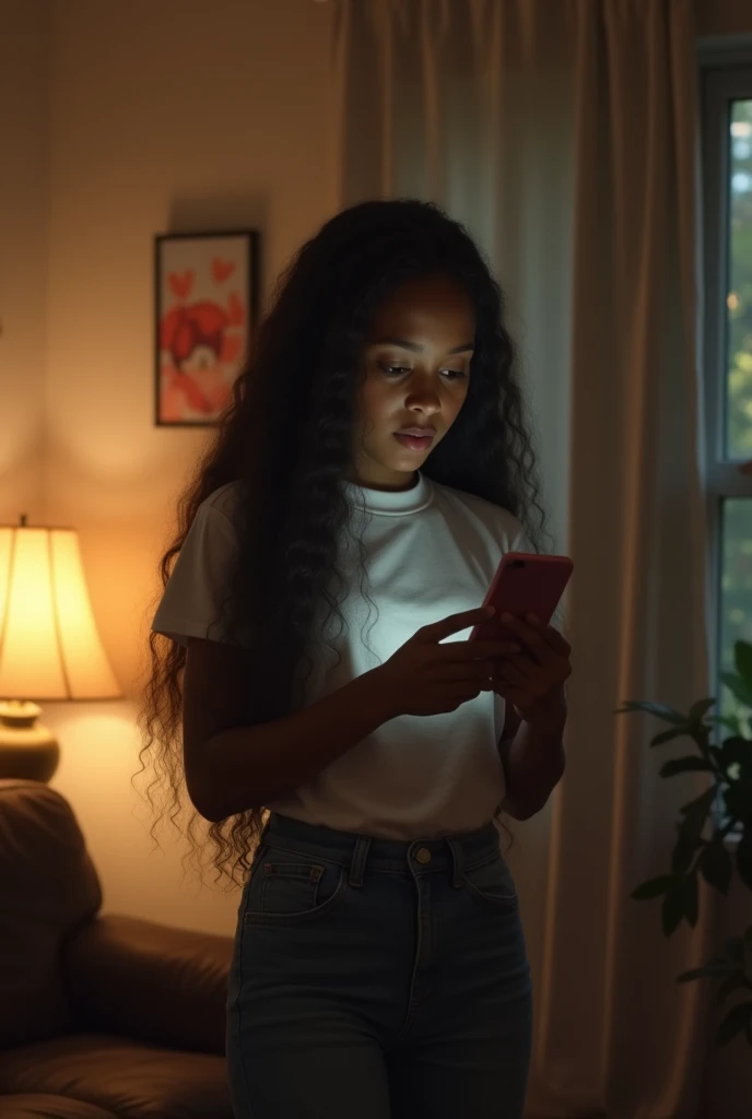 In night young black GIRL (long hair), received a call on the living room, smartphone. She wears casual clothes. Mistery style, cinematic lightning, day, warm colors
