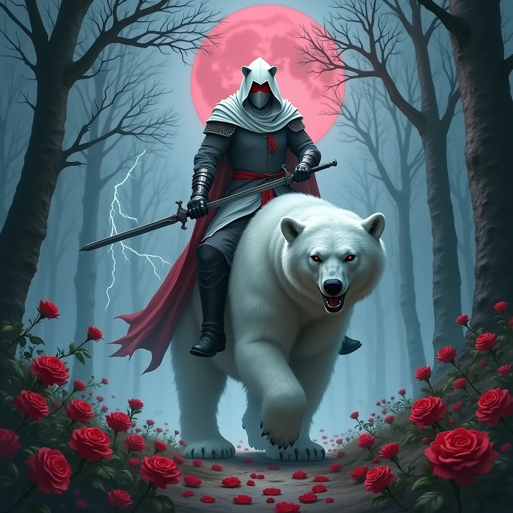 Male knight with a white hood with bear ears wielding a double edge sword is riding a polar bear in a forest while the moon shines, many Roses cover the ground and lightning falls from the sky. The polar bear has black eyes and an aggressive appearance. Only the man wears a red blindfold. In the background of the picture is the blood moon. The forest is full of trees with leaves.