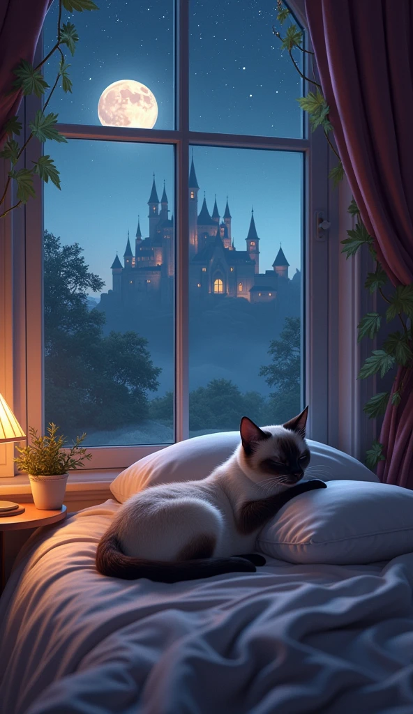 Highest quality, Bedroom、Cute siamese cat sleeping on a pillow,A room with a castle view from the window,High resolution, Back view, 短足Back view, moon,star,