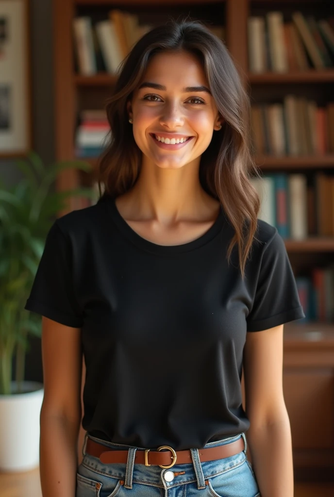 smiling young brazilian woman on sunny summer day wearing black round neck cotton t-shirt with waist belt in a room with books