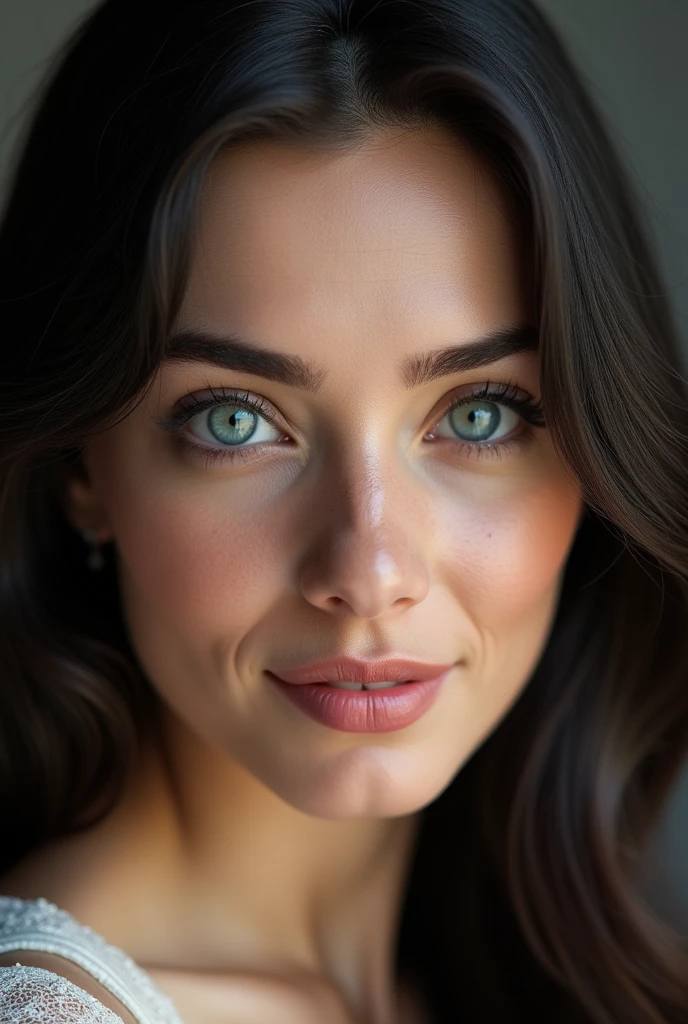 face of wife with black hair and blue eyes, picture 4k ultra realistic and skin texture