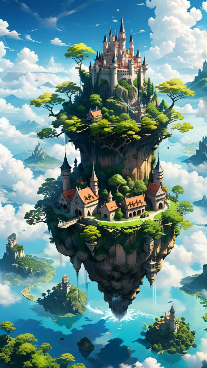 Castle in the Sky with a tree on top of it, Pixiv, Fantasy art, Castle in the Sky style, Floating Island in the sky, Flying Island in the sky, Castle in the Sky, Floating Island, Flying Cloud Castle, floating and Flying Island, Cities in the sky, Flying Island, Floating Island、masterpiece, high quality, Ultra high definition