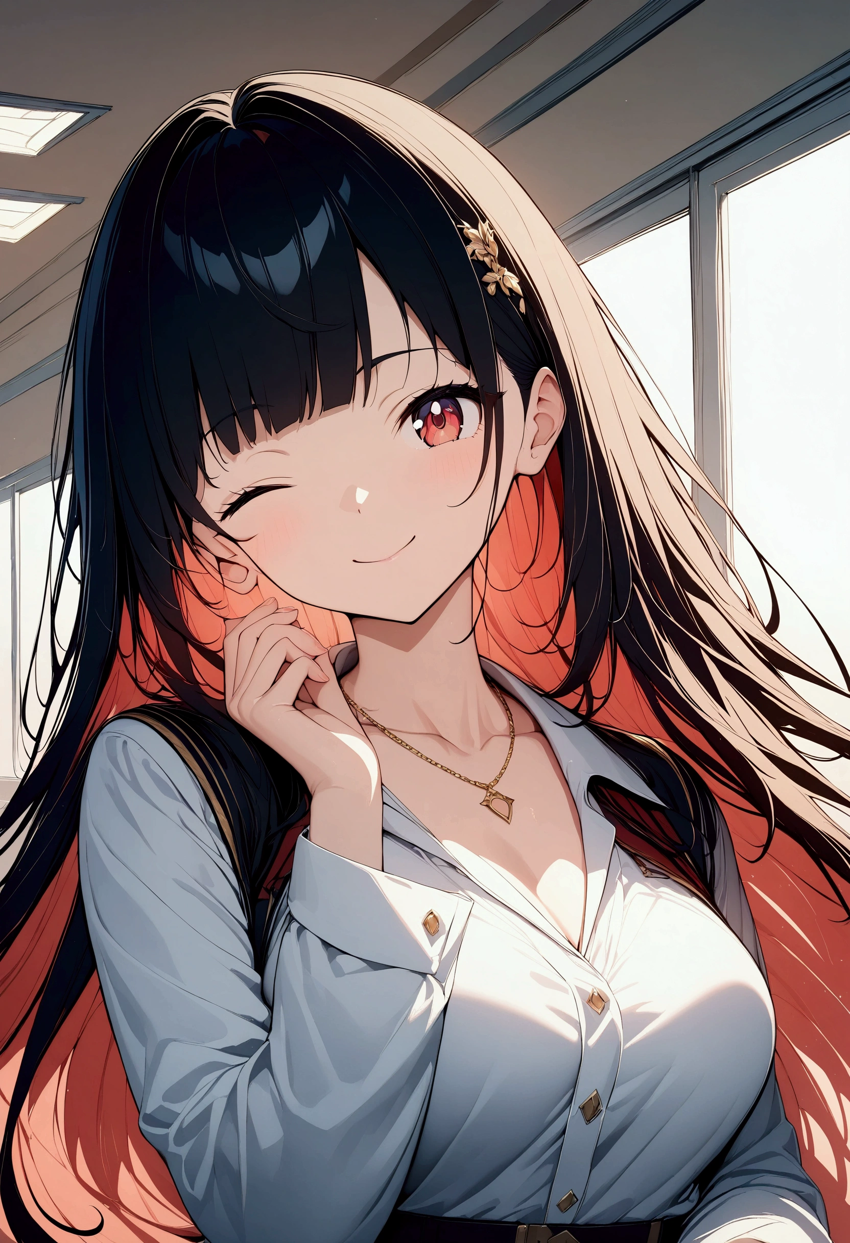 (((anime))) A woman with one eye closed,Gal,Long Hair,(Black Hair),Diagonal bangs,necklace,smile,Red eyes,Big eyes,uniform,Volume sleeve,classroom,sunlight,masterpiece,Highest quality,Exquisite,8k,Absurd,Ultra-fine illustrations,(View your viewers)