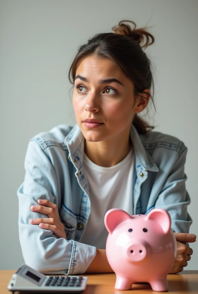 Image of a young adult starting to save for retirement, with a piggy bank and a calculator